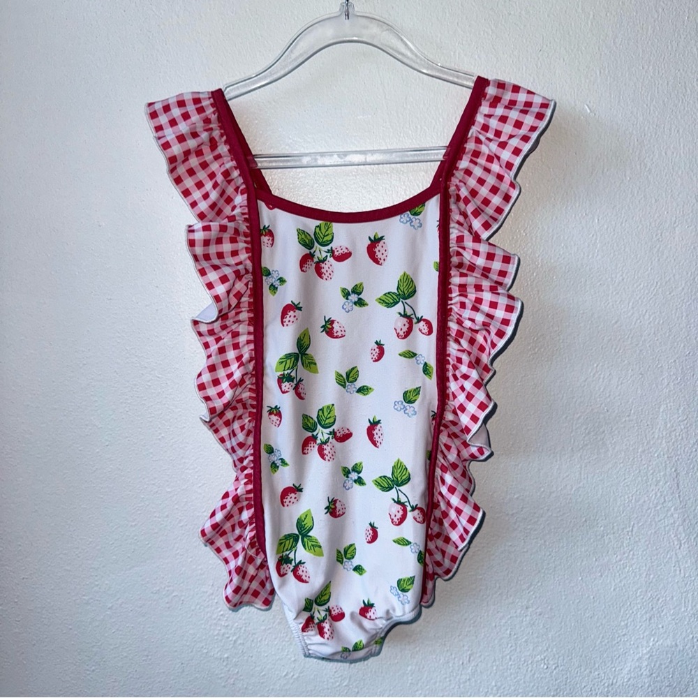 SweetHoney one-piece swimsuit Strawberry print red gingham ruffles